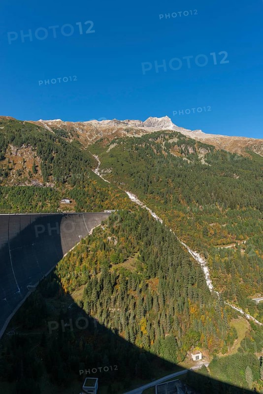 Schlegeis dam (altitude 131m), valley side, Zams valley, mountain stream, forest, Zillertal Alps, Tyrol, Austria, Europe