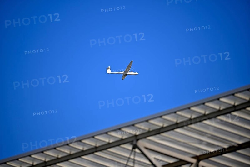 ASK 2 two-seater, D-6448, flies over stadium roof, sky, blue, PreZero Arena, Sinsheim, Baden-Württemberg, Germany, Europe