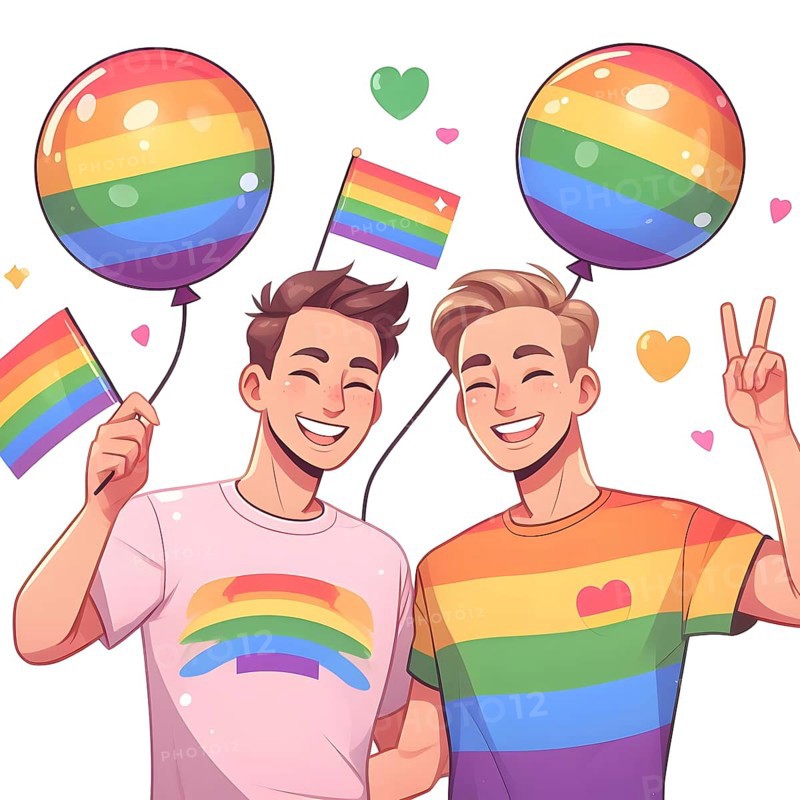 LGBT concept gay couple holds pride rainbow flag and balloons. AI generated