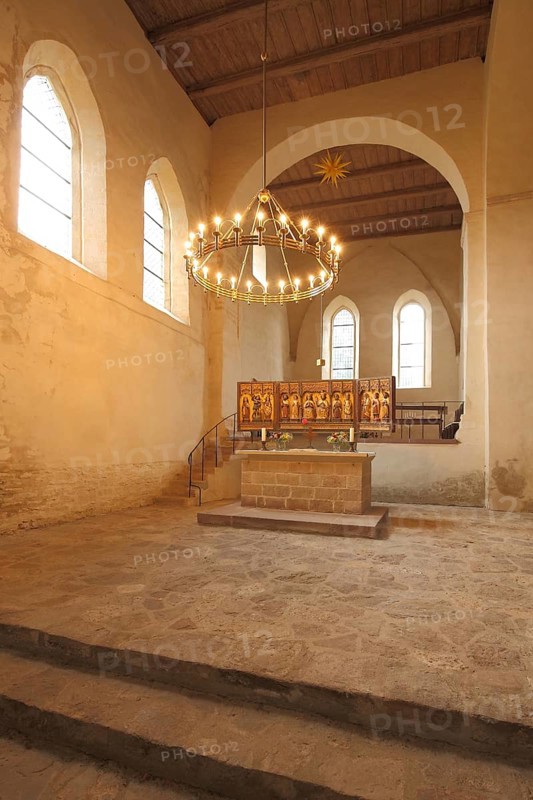 Interior view with chandelier of the Romanesque Drübeck Monastery, Harz Mountains, Lower Saxony, Germany, Europe