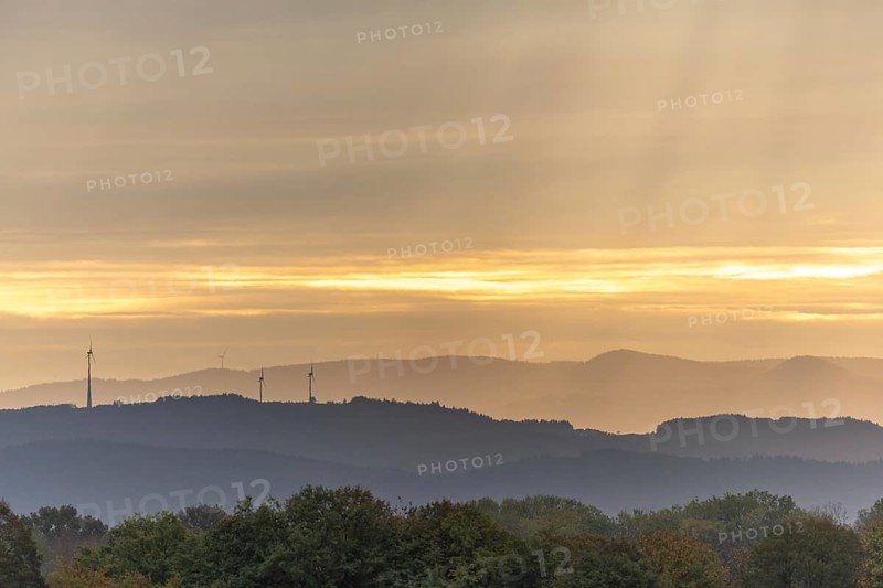 Wind turbines in the mountains of the black forest. Fribourg Brisgau, Bade-Wurtemberg, Germany, Europe