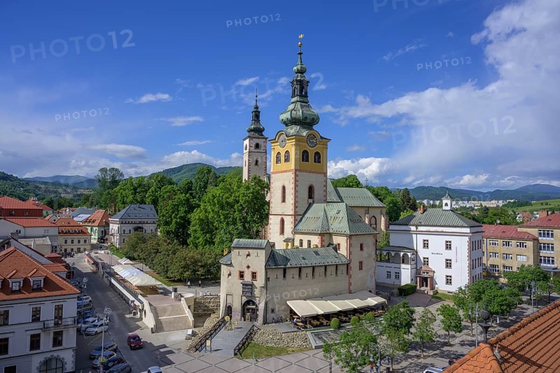 View from the clock tower to the town castle Mestsky Hrad, Banská Bystrica, Banskobystrický kraj, Slovakia, Europe