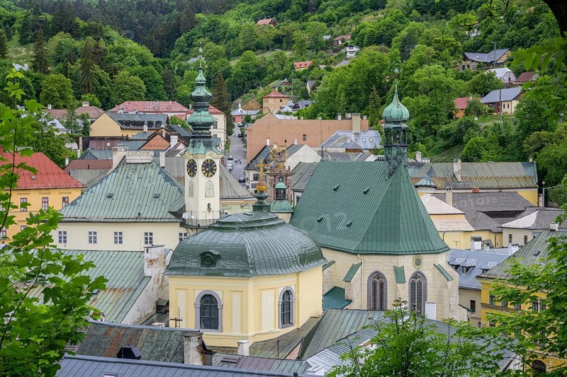 View of the old town with town hall and church, Banská Štiavnica, Banskobystrický kraj, Slovakia, Europe