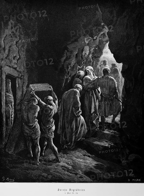 Bible, Sarah's burial, Genesis, 23, 19, grotto, death, people, tomb, darkness, close grave, Moses, mourning, Old Testament, historical illustration 1885