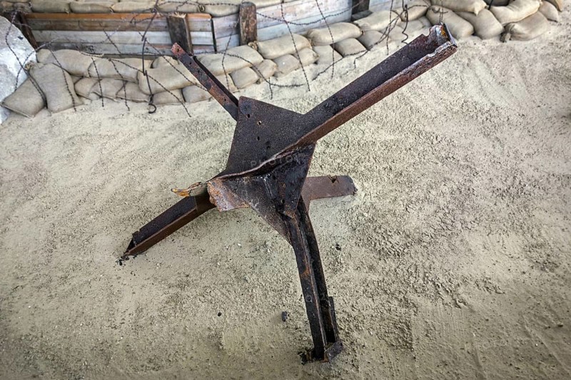 Czech hedgehog in the Musée du Débarquement Utah Beach, World War Two museum at Sainte-Marie-du-Mont, Normandy, France, Europe