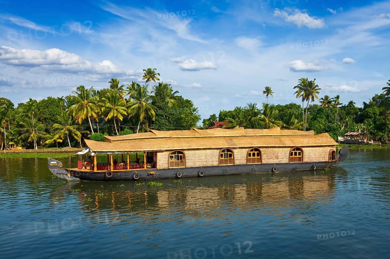 Tourism attraction of Kerala, tourist houseboat in Kerala backwaters. Kerala, India, Asia
