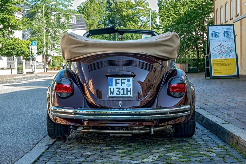 Vintage Volkswagen VW Beetle Cabriolet, convertible, restored, refined, wide tyres, wide tyres, parked on the street with top down, number plate changed, Freising, Upper Bavaria, Bavaria, Germany, Europe