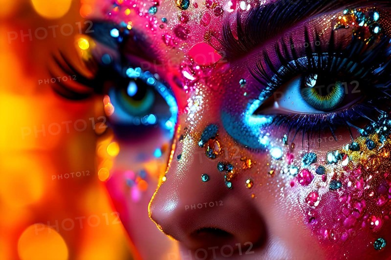 Close up portrait of an intricate eye makeup with vividly colored eyelids, AI generated