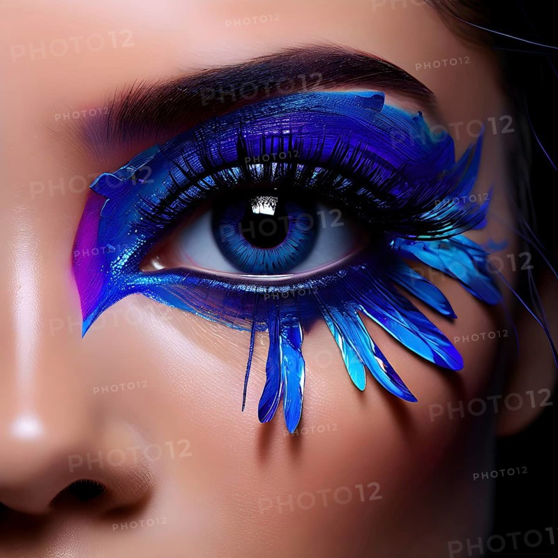 Close up portrait of an intricate eye makeup with vividly colored eyelids, AI generated