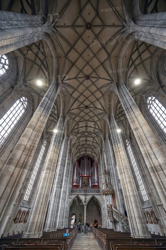 Interior with net vaulting and organ loft, organ built in 1997, late Gothic hall church of St George, Dinkelsbühl, Bavaria, Germany, Europe