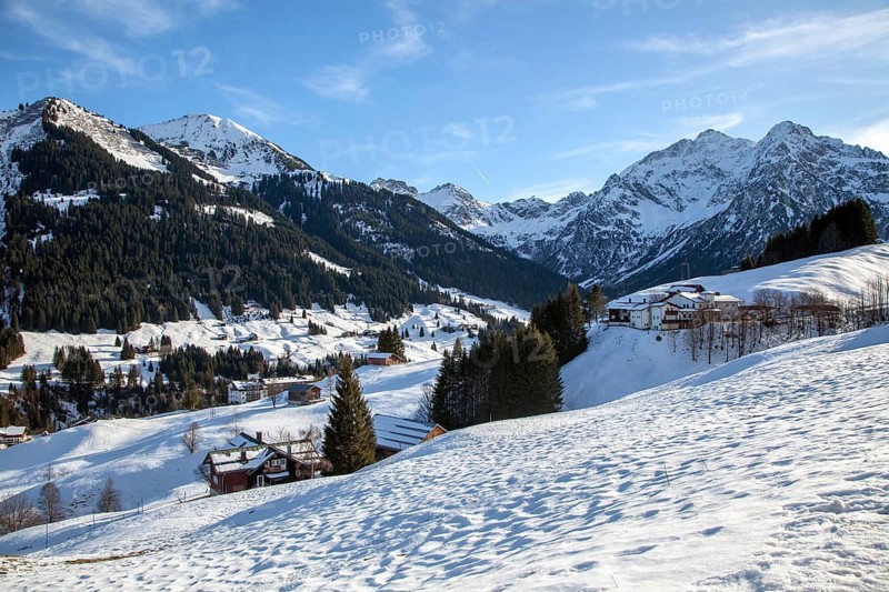 Snowy landscape, behind Widderstein and Kleiner Widderstein, near Mittelberg, Kleinwalsertal, Vorarlberg, Austria, Europe