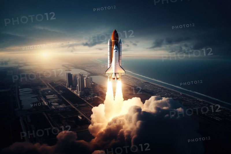 Aerial view of a rocket shuttle carrier launch at sunrise over an ocean coast. The rocket is blasting off with a trail of smoke and flames behind it, AI generated