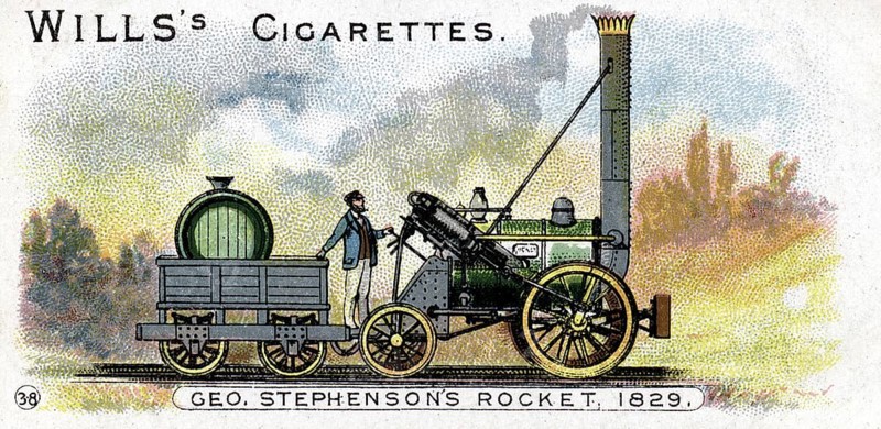 Stephenson's Rocket locomotive, which won a competition for locomotives for the Liverpool & Manchester Railway in Rainhill Bridge, Manchester, on 14 October 1829. Chromolithograph 1900