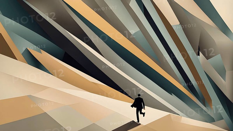 Abstract illustration in geometric shapes of a man in hurry, AI generated