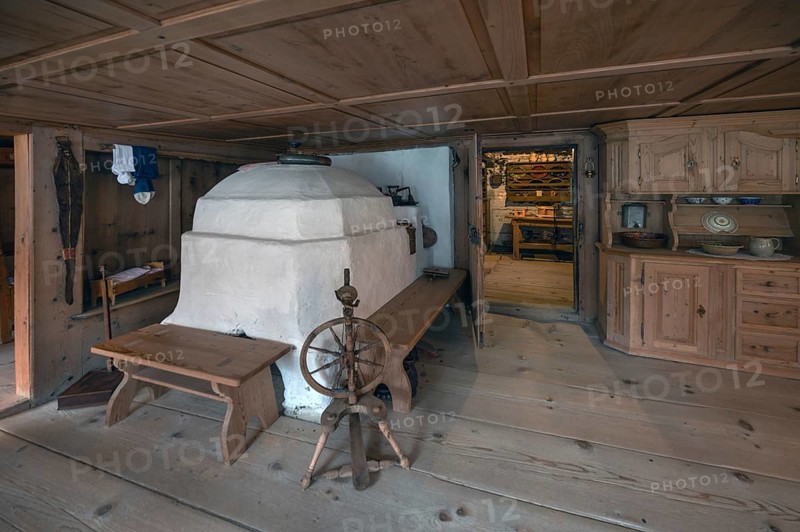 Historic living room with tiled stove, Bregenzerwald farmhouse from the 18th century, Bezau Museum of Local History, Vorarlberg, Austria, Europe