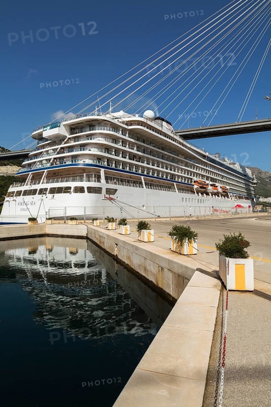 Docked Viking Sea cruise ship and Franjo Tudman bridge, Port of Gruz, Dubrovnik, Croatia, Europe