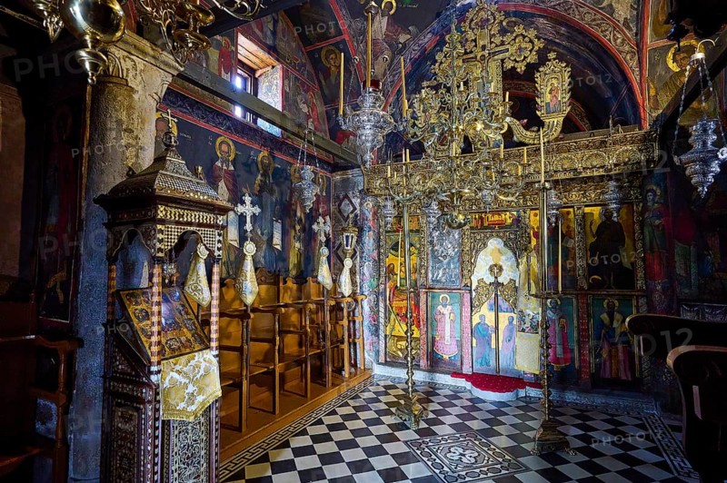 Interior view of an Orthodox church with icons and magnificent golden decorations, Zoodochou Pigis Monastery, The Springs of Life, Chora, Patmos, Dodecanese, Greek Islands, Greece, Europe