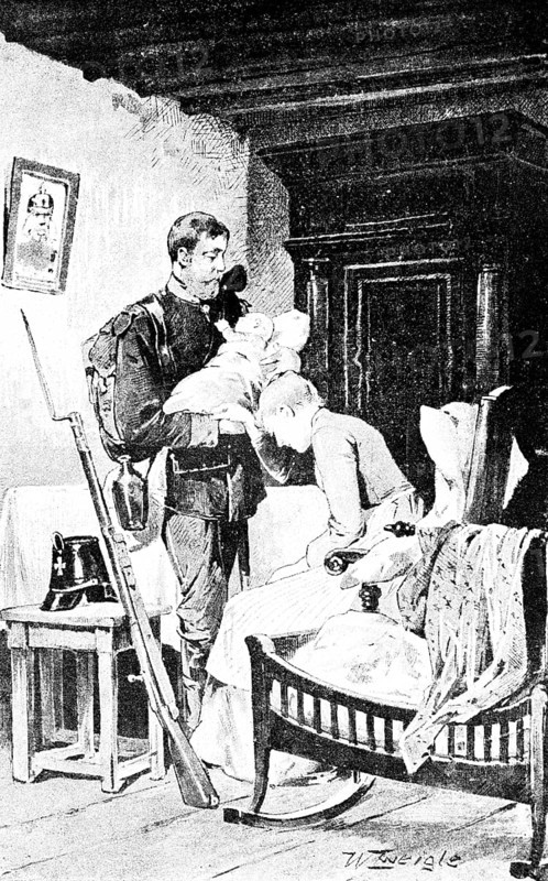 Pictures from the life of a soldier, soldier in uniform says goodbye to his family, infant, baby cradle, woman in mourning, chair, sitting, soldier's helmet, rifle, living room, mourning, separation, uncertainty, historical illustration 1890
