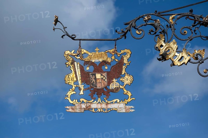Nose shield with double eagle of a historic restaurant, Rottweil, Baden-Württemnerg, Germany, Europe