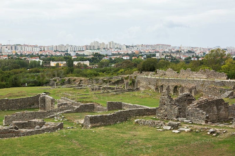 High angle view of old stone wall structures at ancient 3rd century Roman ruins of Salona near modern city of Solin in late summer, Croatia, Europe