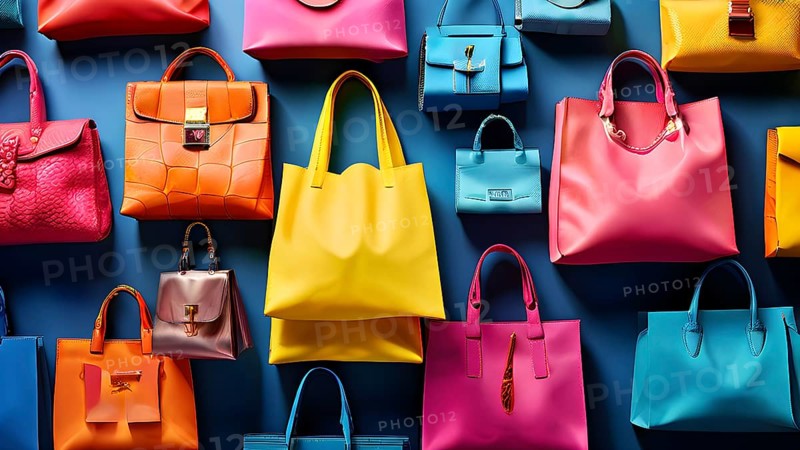 Assorted vibrant shopping bags lined up in front of a colored background, AI generated