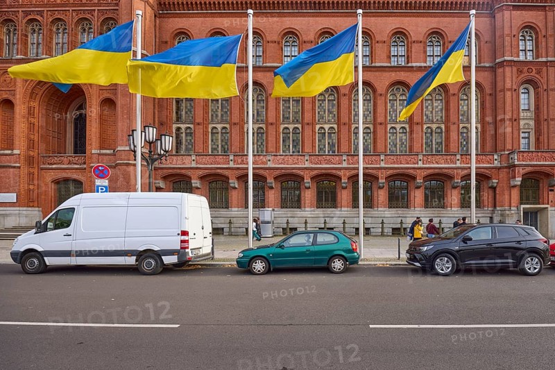 Flags of Ukraine in front of the Red Town Hall, Rathausstraße, Berlin, capital, independent city, federal state of Berlin, Germany, Europe