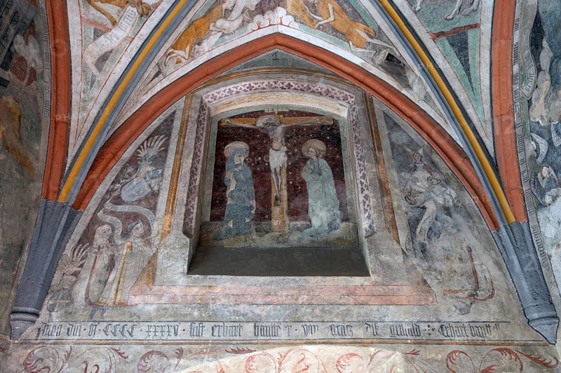 Frescoes from around 1450 in a side altar of the High Gothic church of St Martin, Memmingen, Bavaria, Germany, Europe