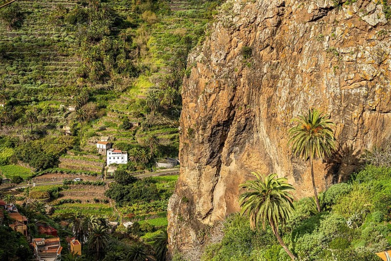 One of the twin rocks Roques de San Pedro, landmark of Hermigua, La Gomera, Canary Islands, Spain, Europe