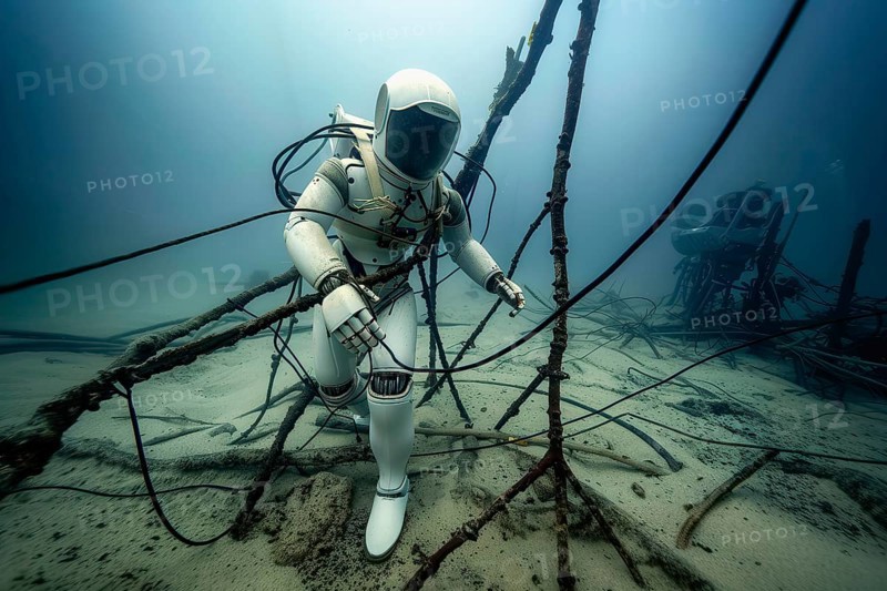Futuristic humanoid robot entangled in submarine communication cables, AI generated