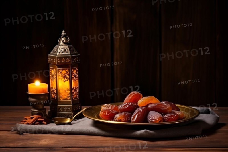 Ramadan lantern with a plate of succulent figs on dark background, set on an ornate table with intricate designs, evoking the rich traditions and serene moments of the holy month, AI generated