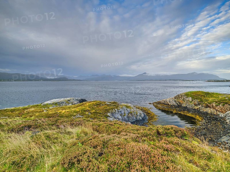 View of the surrounding mountains along the Atlantic Road, part of the Atlantic Road, Atlanterhavsveien, Møre og Romsdal, Norway, Europe