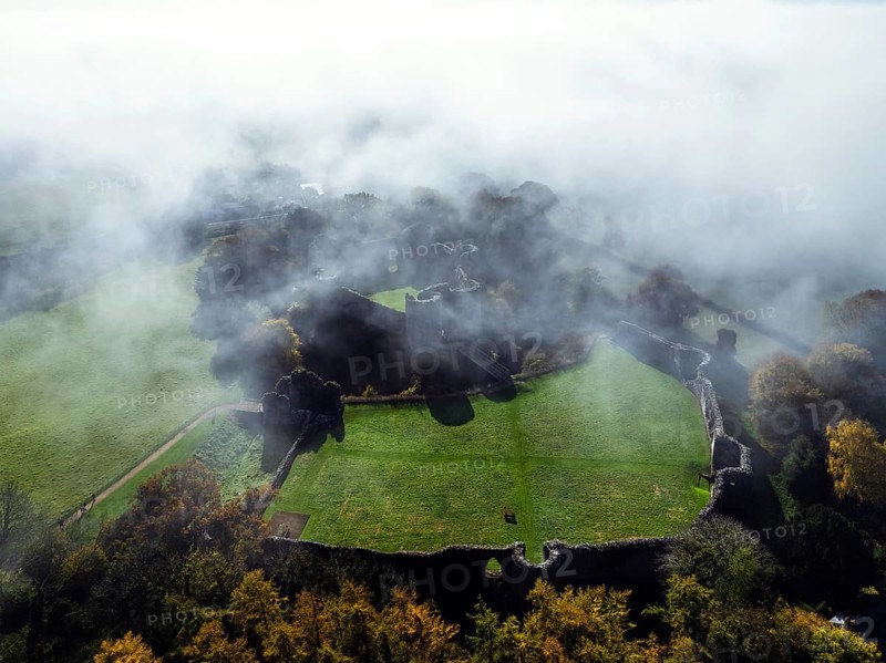 White Castle in the fog at dawn, Monmouthshire, Wales, England, United Kingdom, Europe