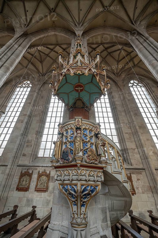 Pulpit with sandstone staircase in the late Gothic hall church of St George, Dinkelsbühl, Bavaria, Germany, Europe