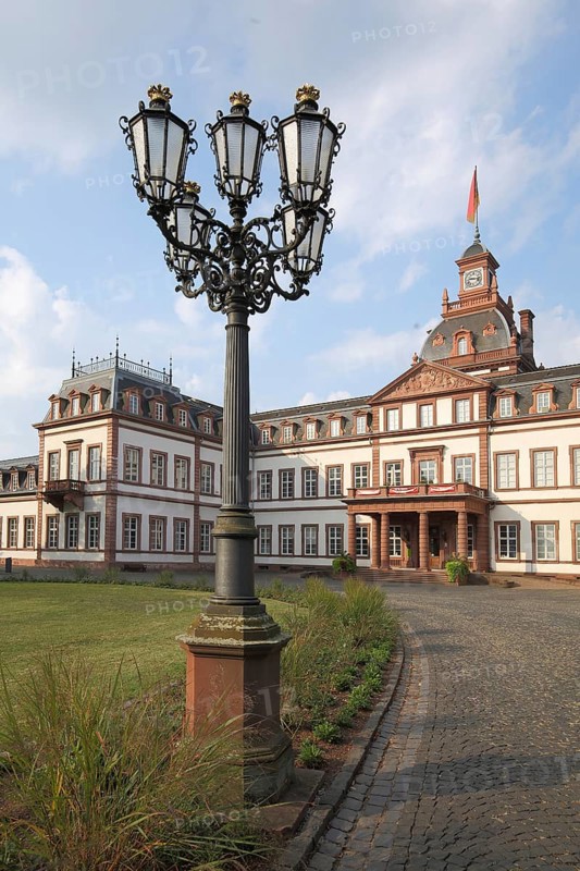 Candelabra and street lamp in the park of Philippsruhe Castle, Kesselstadt, Hanau, Hesse, Germany, Europe