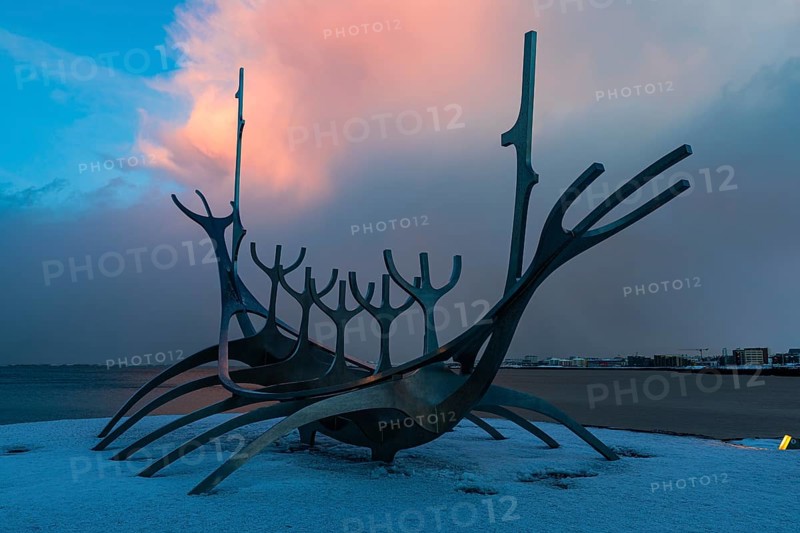 Viking Ship Sculpture at Sunset, Sun Voyager, Reykjavik, Reykjanes Peninsula, Sudurnes, Iceland, Europe