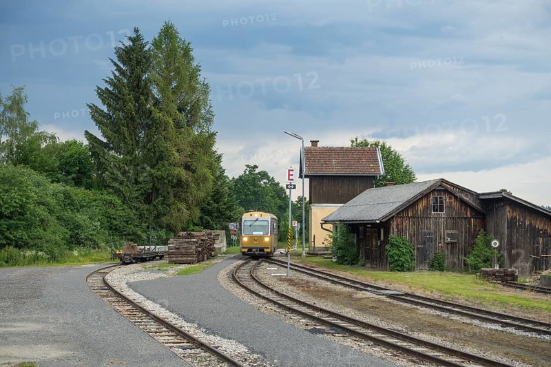 Modern railcar of the narrow gauge railway enters the station, Weitra, Lower Austria, Austria, Europe