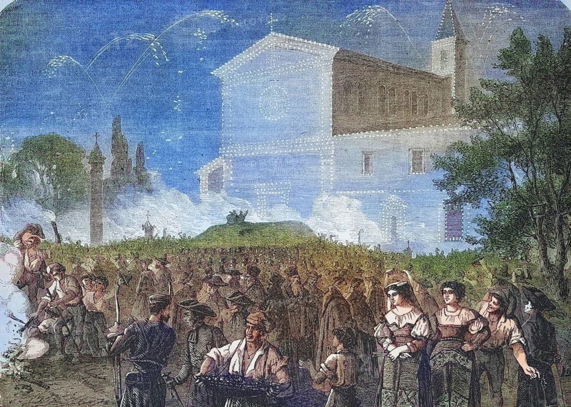 Christmas and New Year Illumination of the Church of Saint Pierre in Montoriom, San Pietro in Montorio, 1869, Rome, Italy, Historic, digitally restored reproduction of an original 19th century artwork, exact original date unknown, Europe
