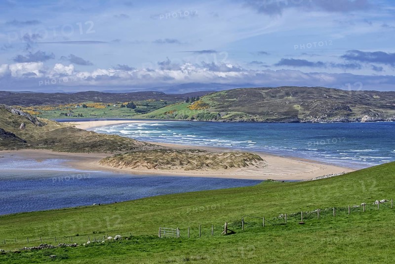 Torrisdale Bay and sandy beach at the mouth of the River Naver near Bettyhill and Invernaver, Caithness, Scottish Highlands, Scotland, UK