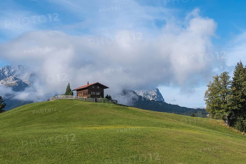 Hill with wooden house, Eckbauer, Werdenfelser Land, Garmisch-Partenkirchen, Upper Bavaria, Bavaria, Germany, Europe