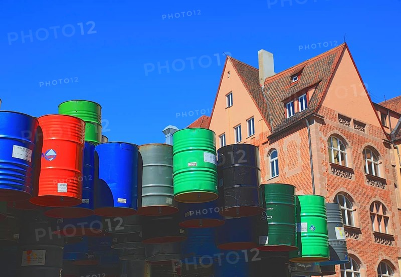 In the historic centre of Nuremberg, art with barrels in front of the Neues Museum Nuremberg, Middle Franconia, Bavaria, Germany, Europe