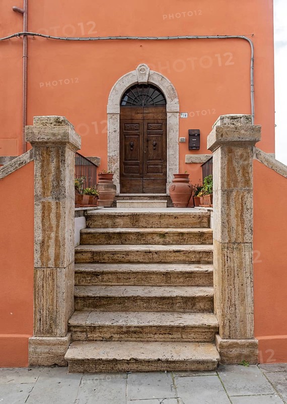 Door with staircase, Sorano, Tuscany, Italy, Europe