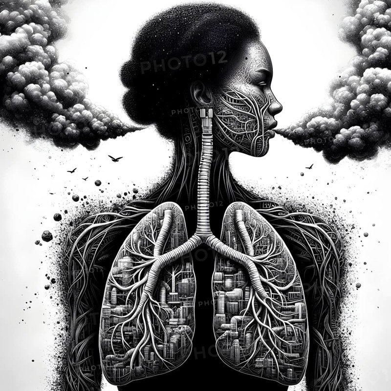 Air Pollution city and people suffers lung disease. Industrial pollution. Industrial smoke. Human lungs. AI generated