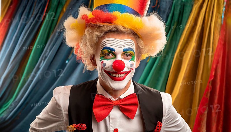 A clown in mask, red nose and costume, AI generated, AI generated