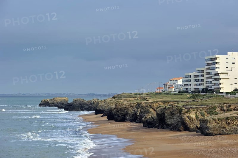 Apartments and rocky coastline at Saint-Hilaire-de-Riez, La Vendée, Pays de la Loire, France, Europe