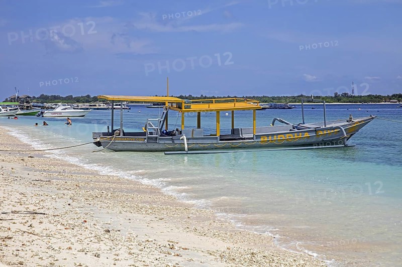 Outrigger tourist boat on the island Gili Trawangan, largest of Lombok's Gili Islands, Indonesia, Asia