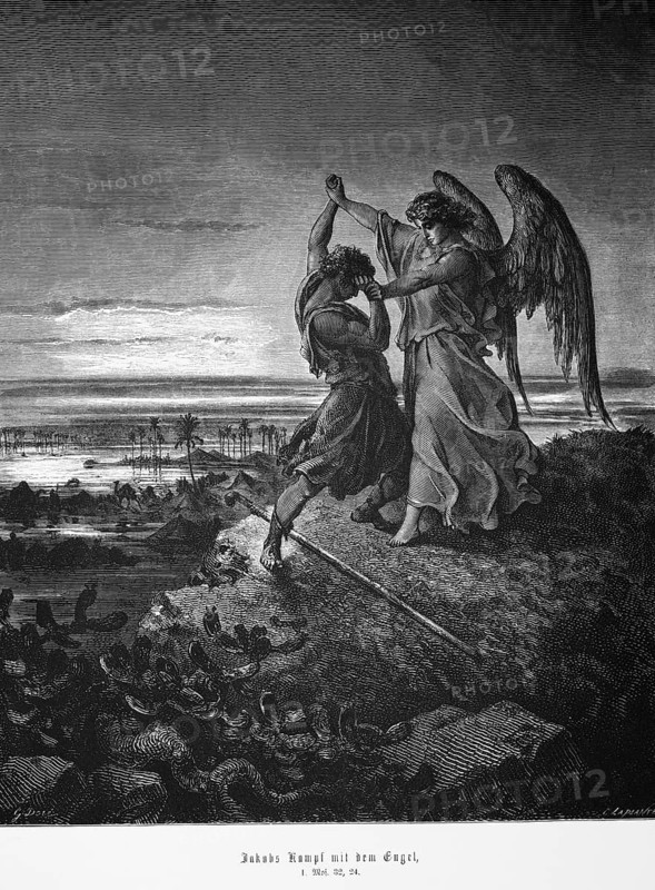 Bible, Jacob's battle with the angel, Genesis, 32, 24, Moses, Genesis, Old Testament, landscape, plain, mountain, rock, nature, battle, palm trees, sea, historical illustration 1885