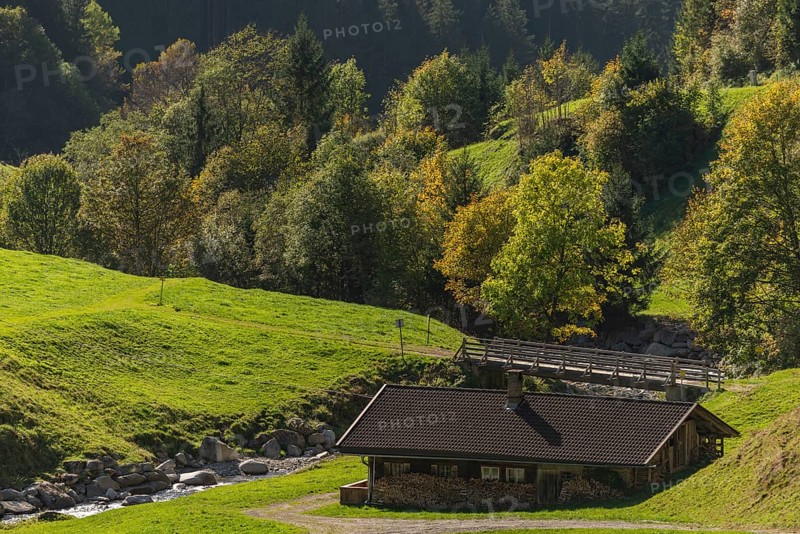 Agriculture, Alpine pasture in the Zillergrund valley, Alpine pasture, Ziller mountain stream, wooden bridge, Zillertal Alps, Tyrol, Austria, Europe