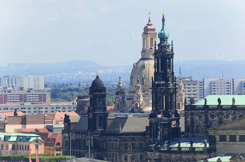 Dresden Old Town View from the Yenidze to Brühl's Terrace with Sekundo Genitur, Ständehaus, Church of Our Lady, Hofkirche and Opera. Saxon Switzerland with Königstein Fortress on the horizon