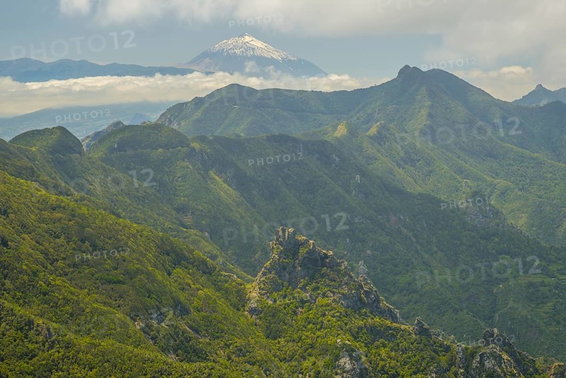 Panorama of Cabezo del Tejo, Chinobre, 910m, Anaga Mountains, Anaga, behind the Pico de Teide, 3718m, Tenerife, Canary Islands, Canary Islands, Spain, Europe