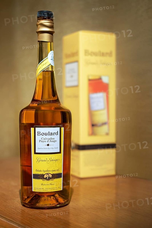 Belarus, Minsk, 14, April, 2016, Bottle of Boulard Calvados, Grand Solage ith cardboard box on counter, Europe